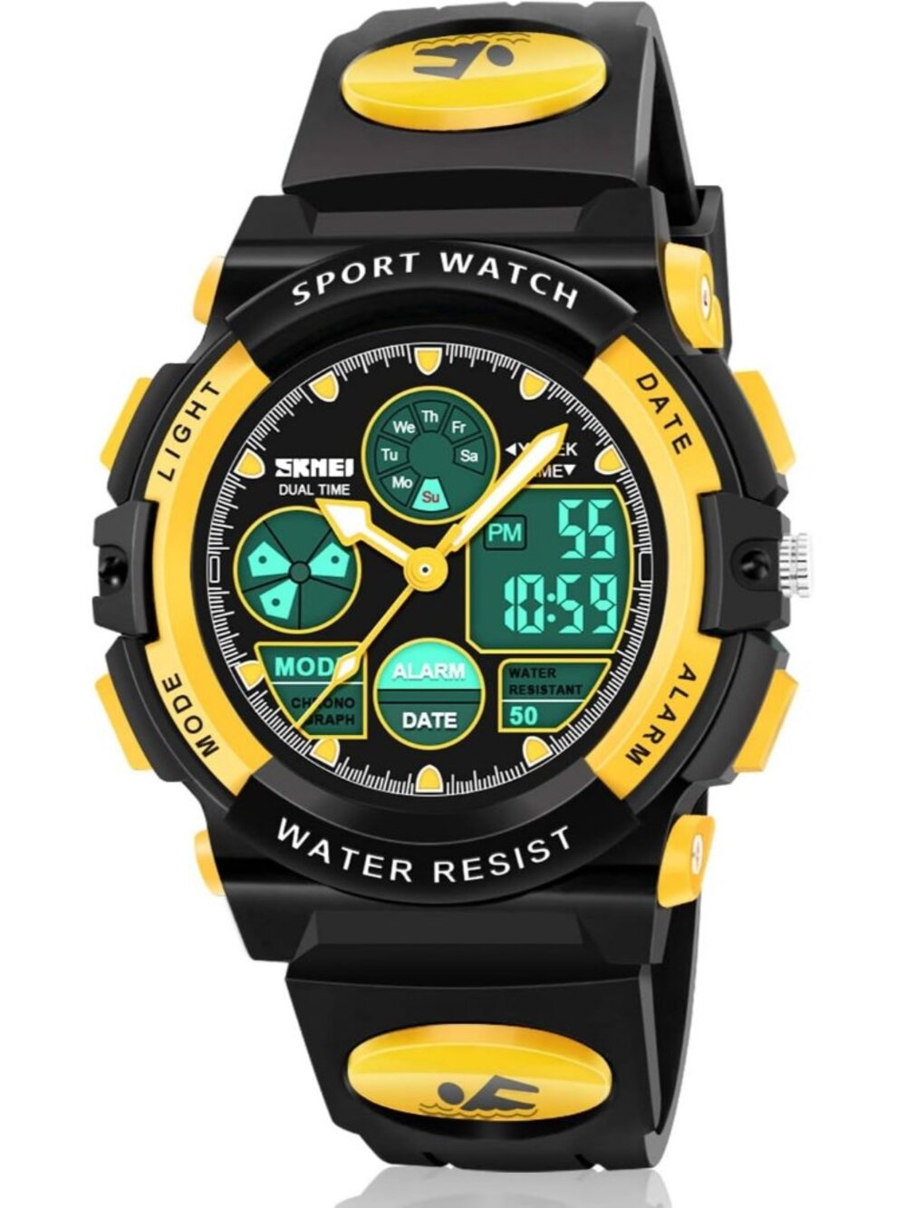 Kid's Black And Yellow Analog Quartz Multi Function Waterproof LED Digital Watch